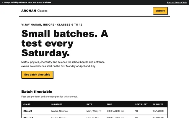 Concept coaching institute site: the Arohan Classes heading and a batch timetable table.
